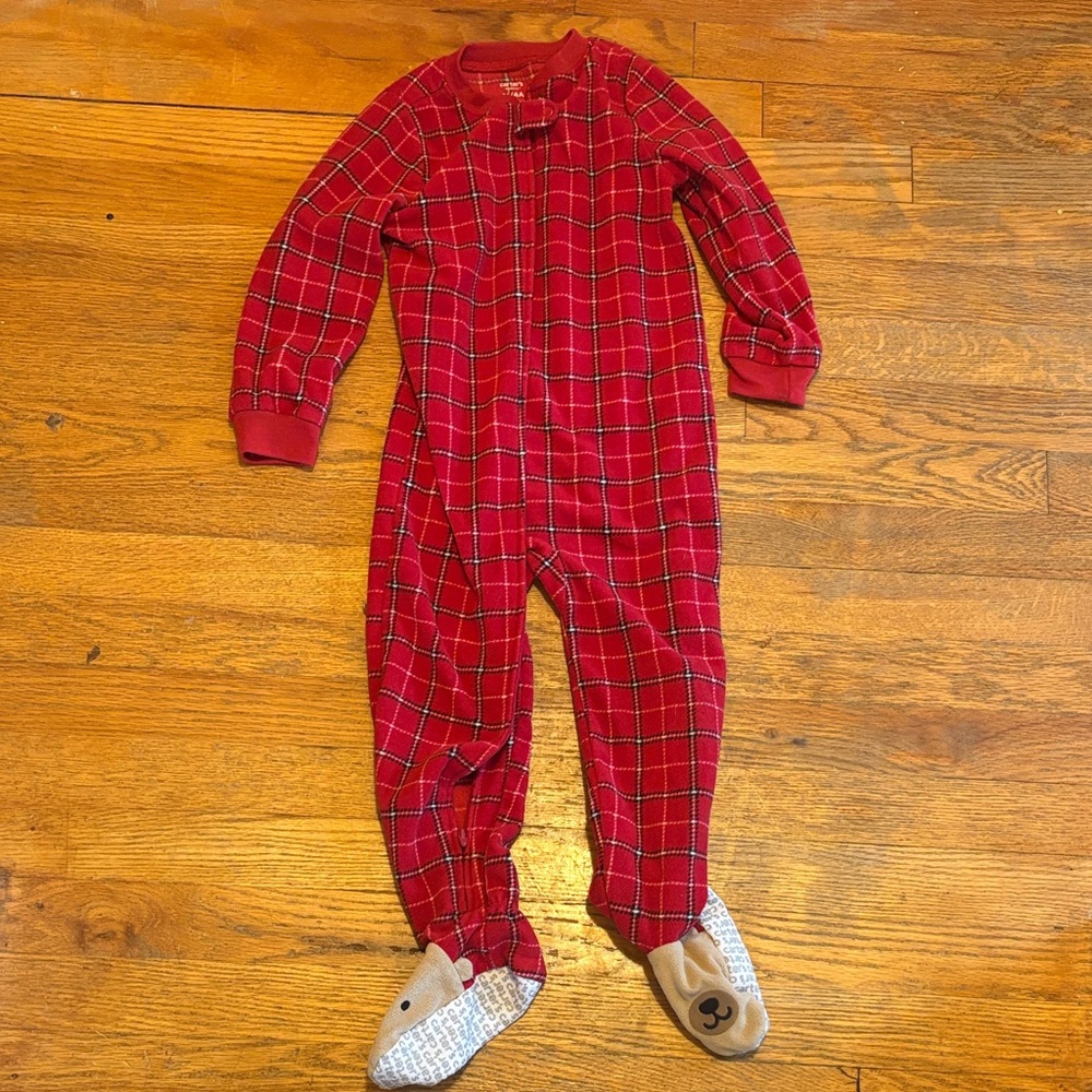 🔥5 FOR $25 Carter's Red Checkered Kids Bear Footie Pajamas